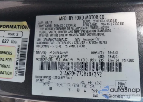 2018 Ford Fusion Se z USA, uszkodzony, nr VIN 3FA6P0H77JR107352